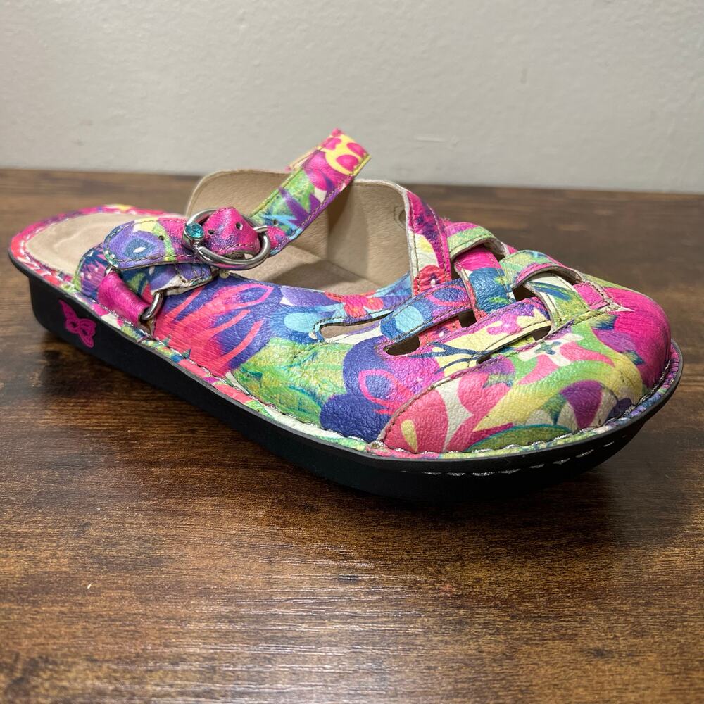 Alegria Freesia Happy Days Clogs 6 Slip On Comfort Woven Leather Buckle Floral